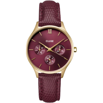 Cluse CW10706 Damenuhr Minuit Multifunktion Watch Leather Dark Cherry Lizard Gold Colour