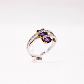 Damenring Weißgold 585 Massiv mit Brillanten und Amethyst 0,15 CT Wesselton SI