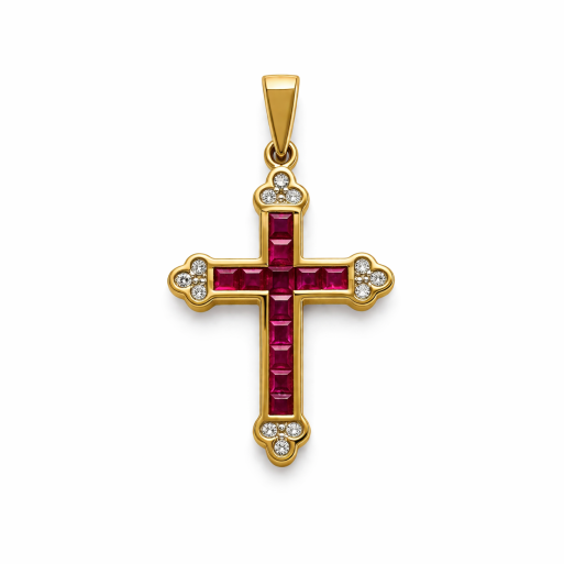 Kreuz Gelbgold 585 mit Rubin und Brillanten