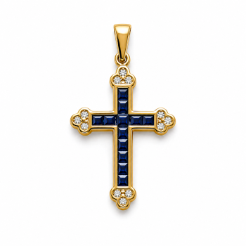 Kreuz Gelbgold 585 mit Blausaphir und Brillanten