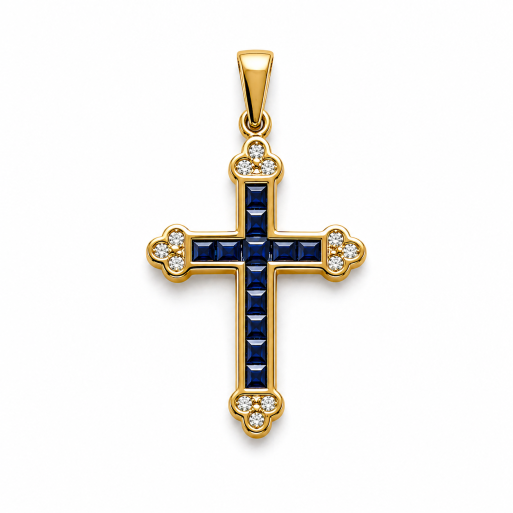 Kreuz Gelbgold 585 mit Blausaphir und Brillanten