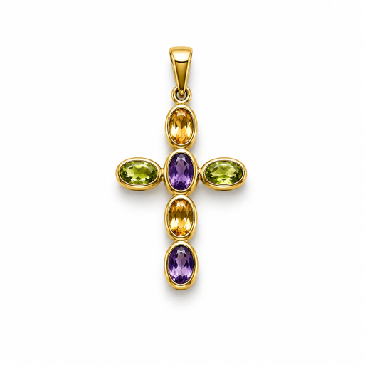 Kreuz Gelbgold 585 mit Peridot Amethyst Citrin