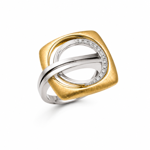 Damenring Weißgold und Gelbgold 585 Massiv mit Brillanten 0,06 CT Wesselton SI